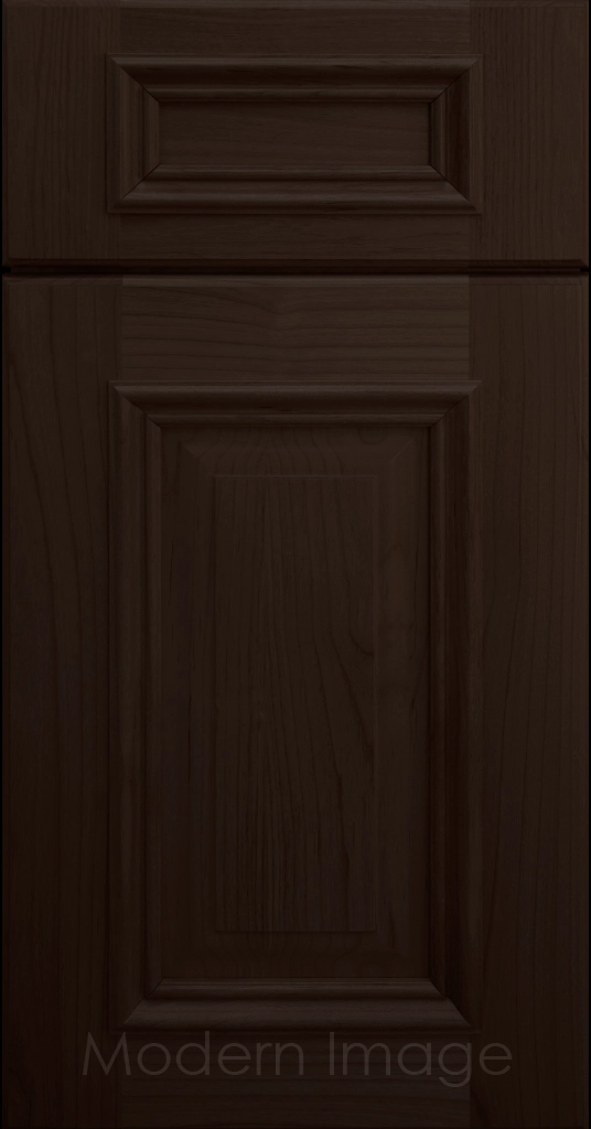 Chocolate stained Hamilton cabinet door with a double raised panel and mitered elevated molding.